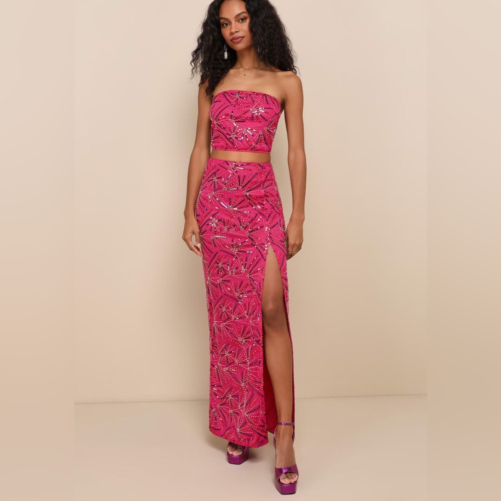 Cue the Glitter Magenta Sequin Beaded Two-Piece Maxi Dress